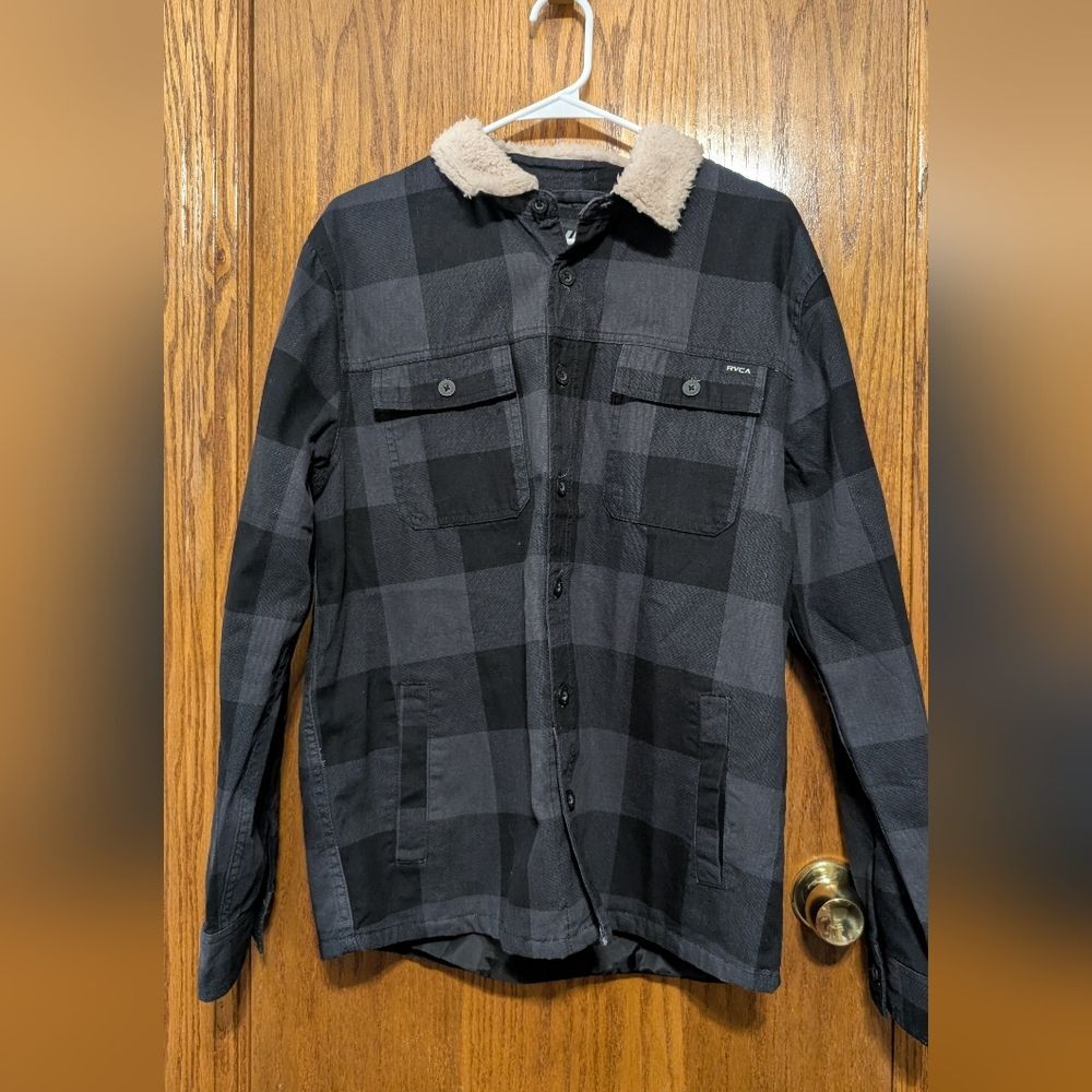 RVCA Men's Black and Gray Checkered Jacket with Cream Collar